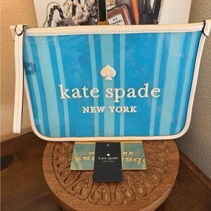 NWT kate spade blue striped clutch with cream trim